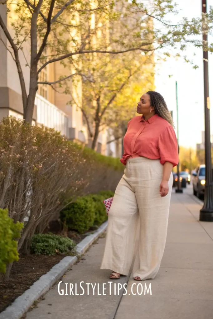 2025 plus size fashion featuring wide-leg linen pants and fitted blouse - elegant spring outfit for curvy women.