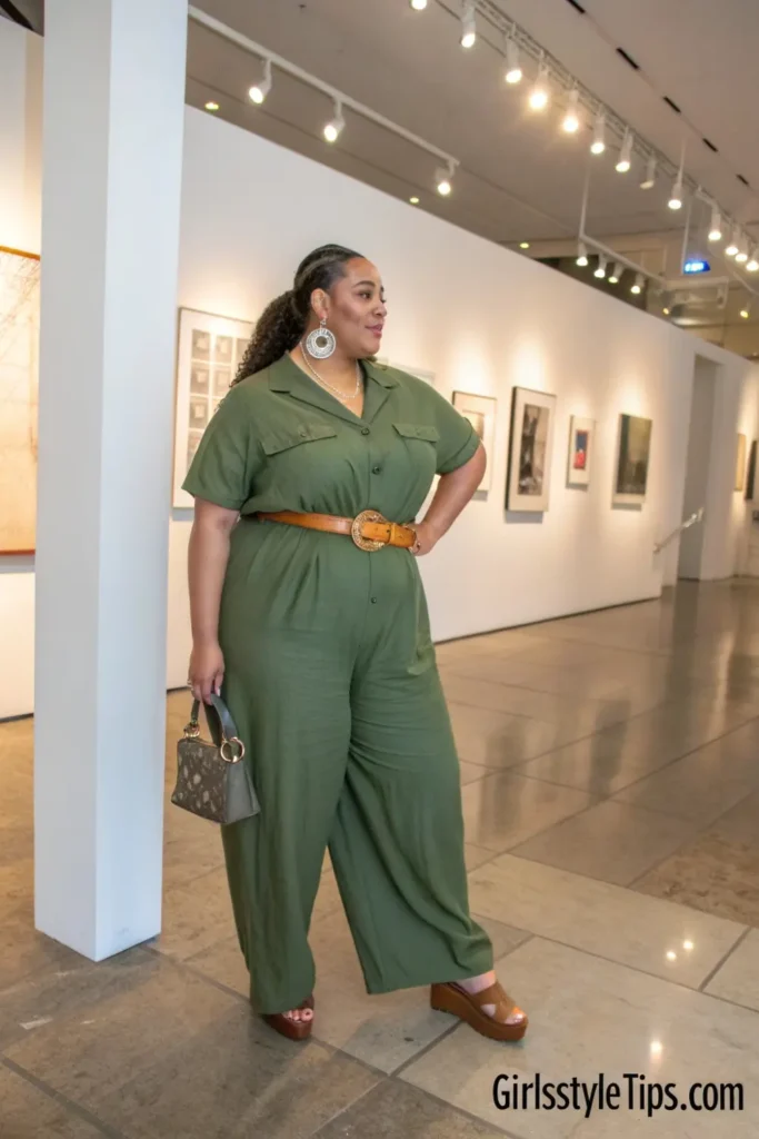 Belted jumpsuit styling for plus size women - sophisticated one-piece outfit for spring 2025 fashion.