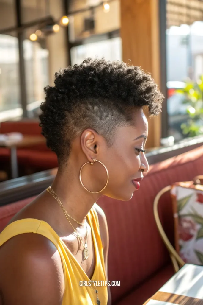 Black woman with natural hair pixie cut showcasing defined 4c curl pattern with shaped silhouette