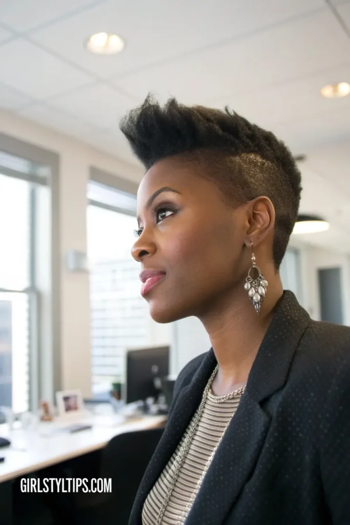 Black woman with tapered 4c natural hair cut, showing graduation from longer top to shorter sides