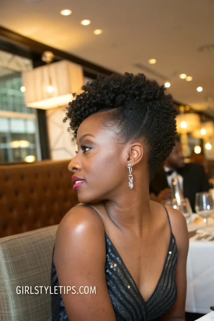 Black woman with tapered natural curls featuring defined side part, showing structured short curly hairstyle