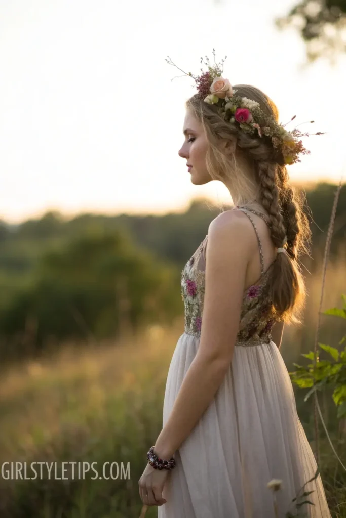 Bohemian braided crown prom hairstyle with floral accents perfect for romantic formal events.