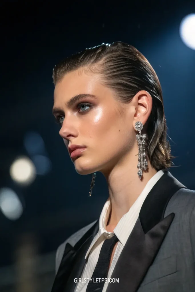 Bold slicked-back wet look prom hairstyle showcasing modern editorial styling for formal events.