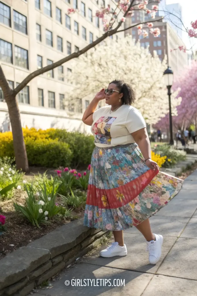 Casual plus size outfit combining tiered midi skirt with graphic tee - trendy soft summer outfits for curvy women in 2025.