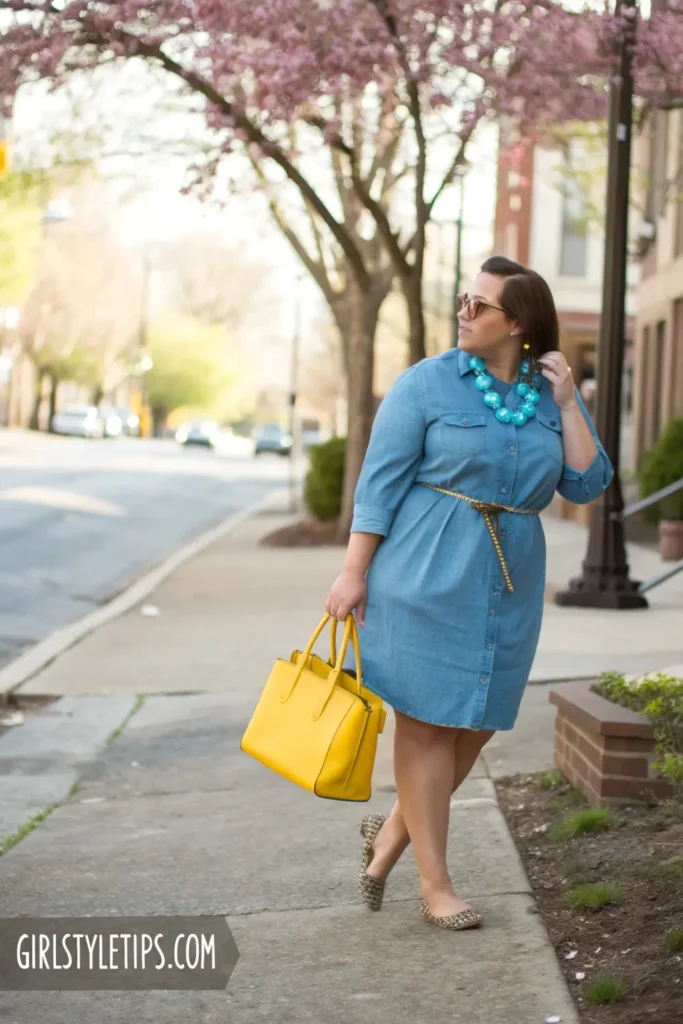 Chambray shirt dress outfit for plus size body shapes - versatile spring 2025 fashion with colorful accessories.