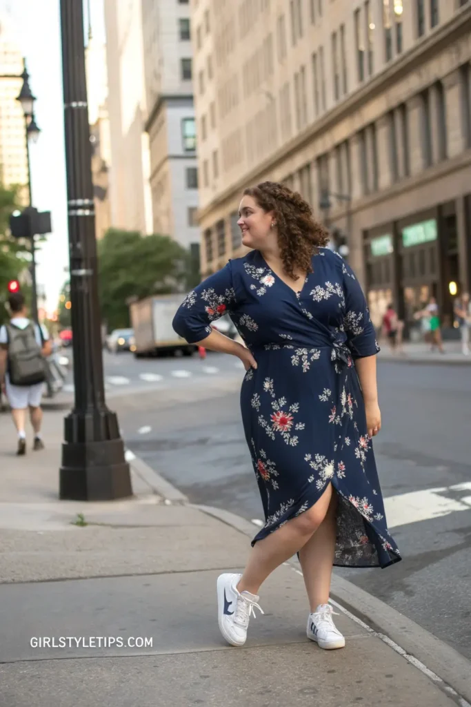 Curvy woman in flattering navy floral wrap dress with comfortable sneakers, demonstrating versatile summer girl outfit for city exploration.