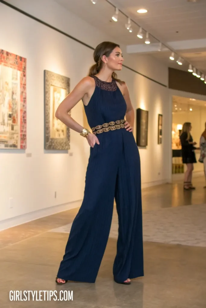 Curvy woman in navy sleeveless jumpsuit with statement belt, showcasing elegant summer girl outfit suitable for artistic venues and evening events.