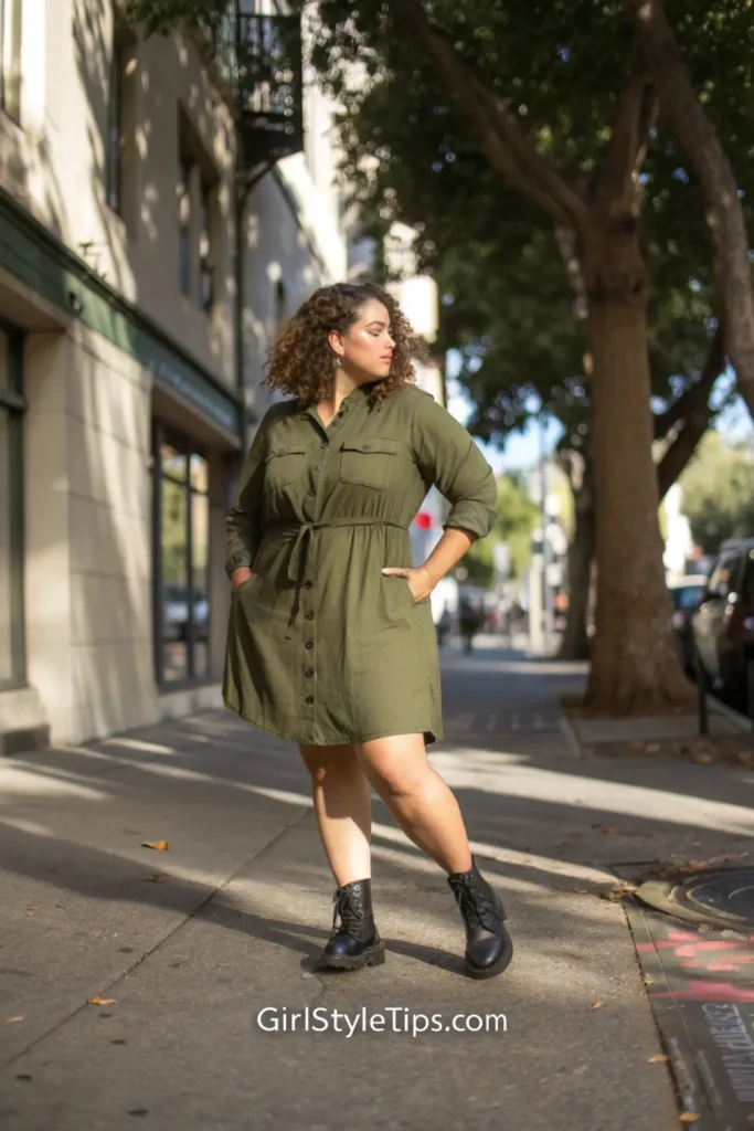 Curvy woman wearing stylish summer girl outfit with olive shirt dress and edgy combat boots for urban summer adventures.