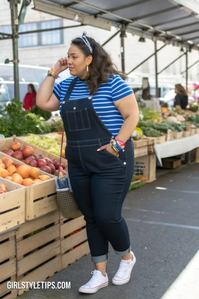 Denim overalls styled for plus size women - casual spring 2025 outfit idea for weekend activities.
