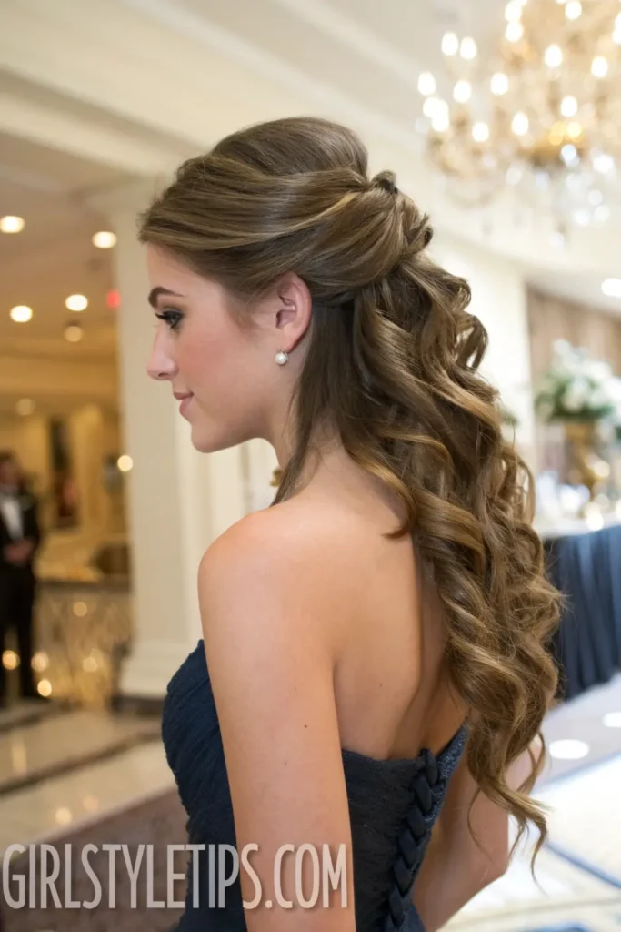 Elegant twisted half-up prom hairstyle showing intricate back detail suitable for formal occasions.