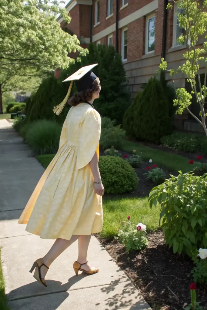 Environmentally-conscious college graduate wearing sustainable thrifted outfit under academic regalia for eco-friendly commencement attire.