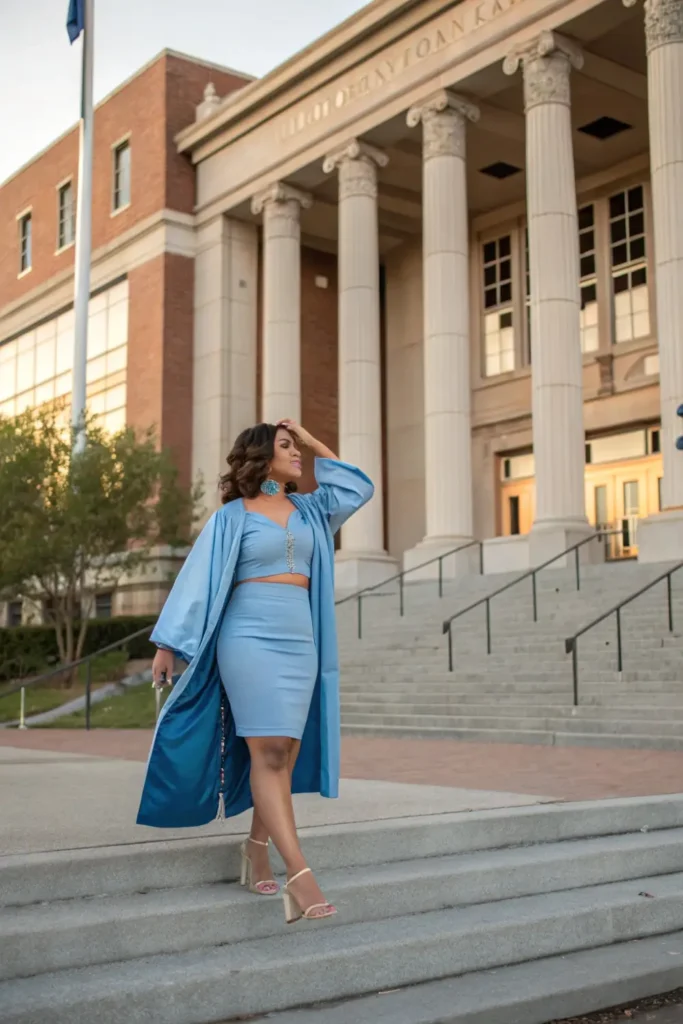 Female college graduate in coordinated two-piece set showing trendy yet appropriate graduation outfit for academic ceremonies.