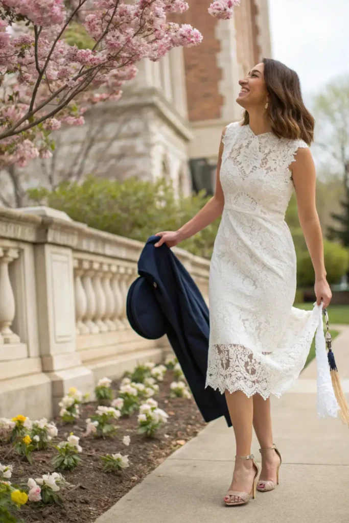 Female college graduate in romantic lace dress showing delicate yet appropriate graduation outfit choice for commencement ceremonies.