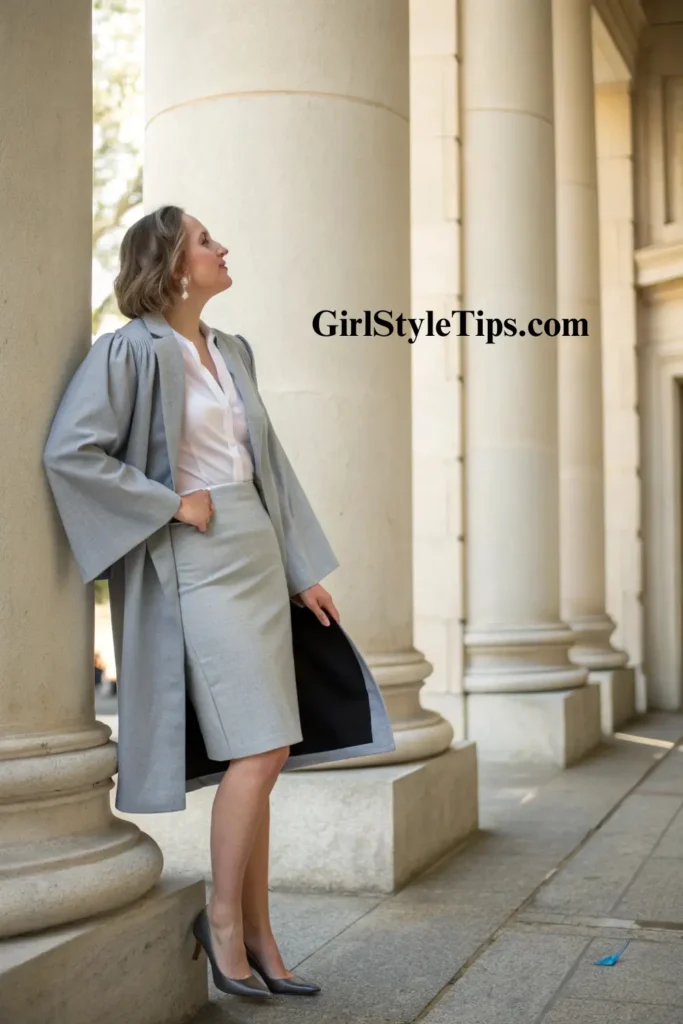 Female college graduate in tailored blazer and skirt set demonstrating sophisticated graduation outfit choice for formal academic ceremonies.
