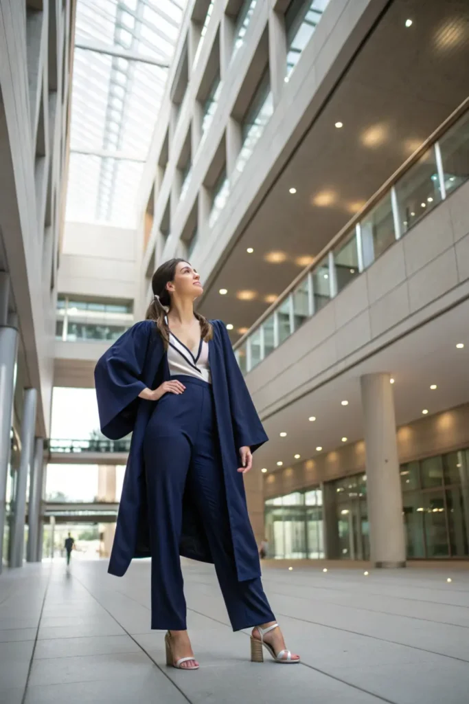 Female college graduate showcasing modern jumpsuit as perfect graduation outfit choice under academic dress for university commencement ceremony.