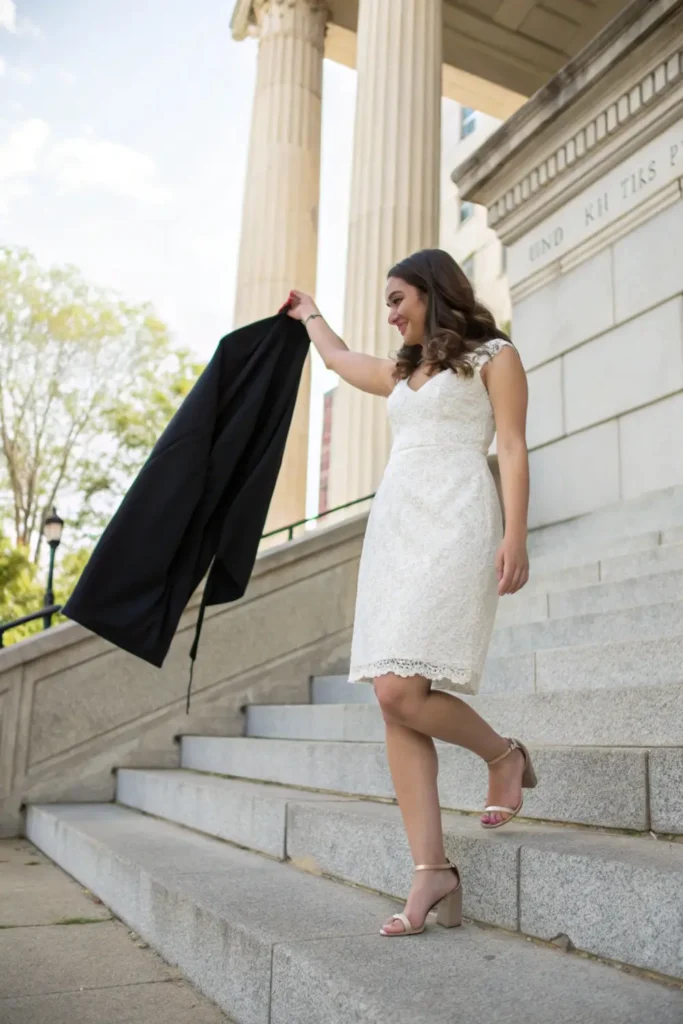Female college graduate wearing elegant white dress under academic regalia, showcasing perfect graduation outfit combination for commencement ceremony.