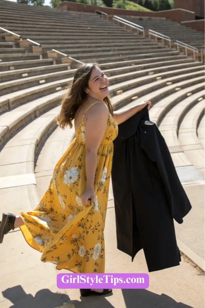 Female college graduate wearing lightweight sundress as practical graduation outfit for warm-weather commencement ceremony.