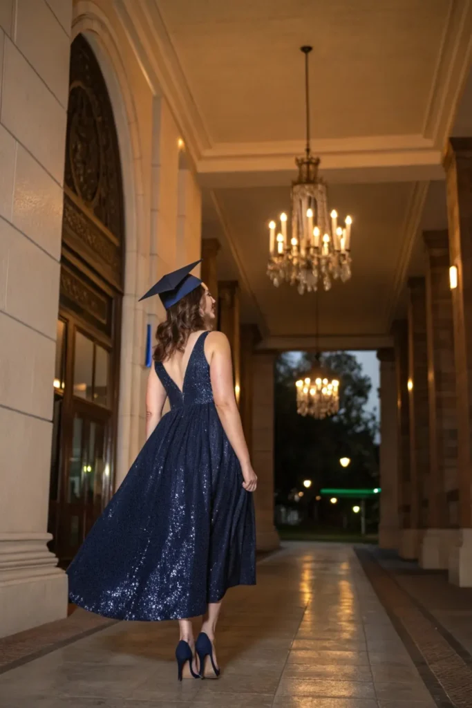 Female graduate in evening-appropriate cocktail dress demonstrating formal graduation outfit for college commencement ceremonies.