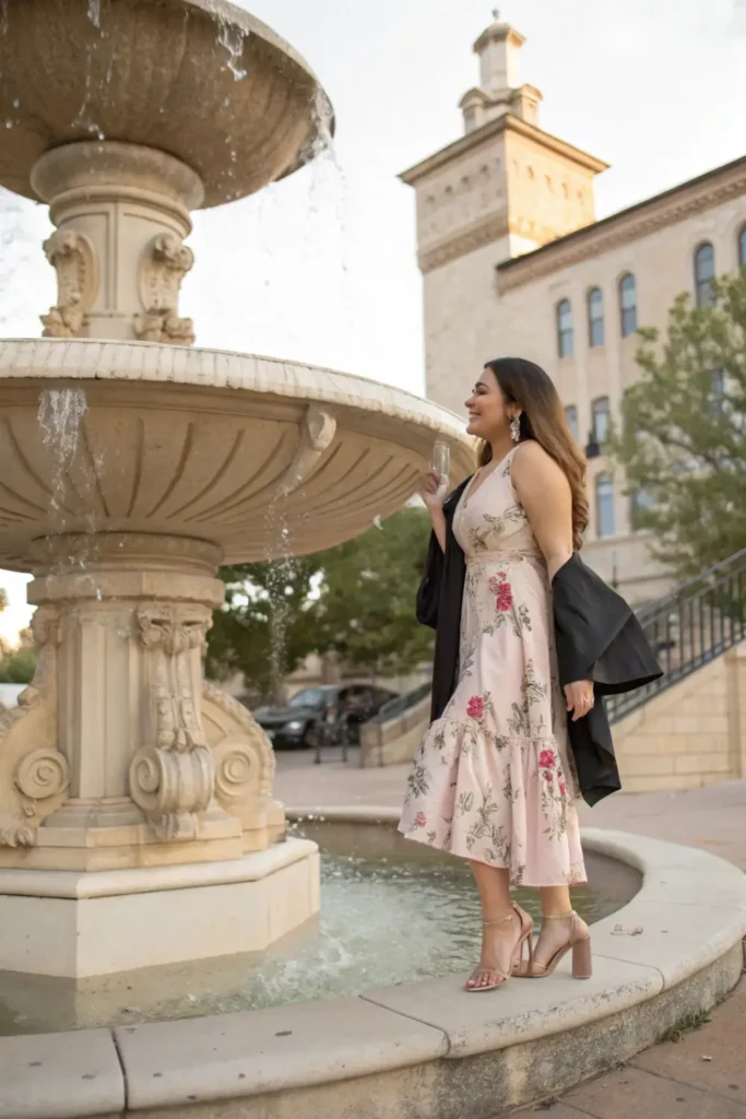 Female graduate in floral midi dress showing elegant graduation outfit choice for college commencement ceremony.