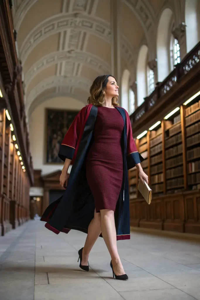 Female graduate in professional sheath dress demonstrating elegant graduation outfit choice for college commencement ceremony.