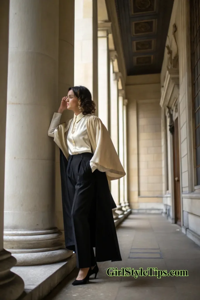 Female graduate in sophisticated separates showing practical yet elegant graduation outfit combination for college commencement.