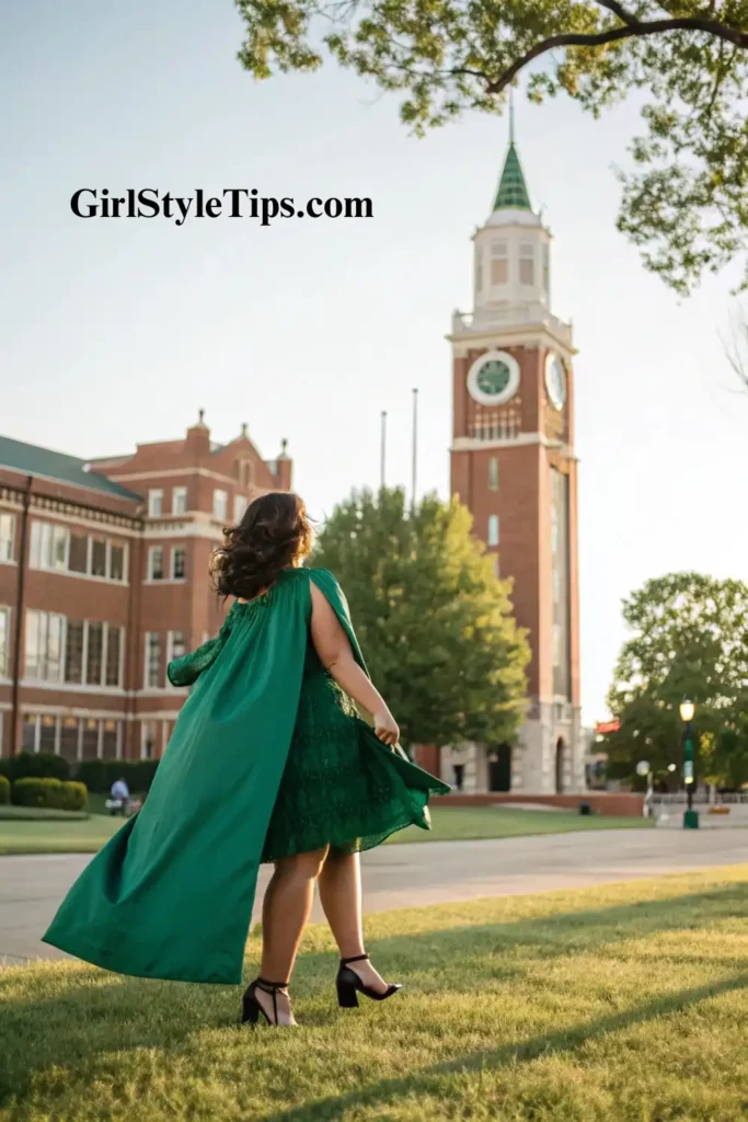 Female graduate wearing bold emerald dress as standout graduation outfit choice for college commencement ceremony.