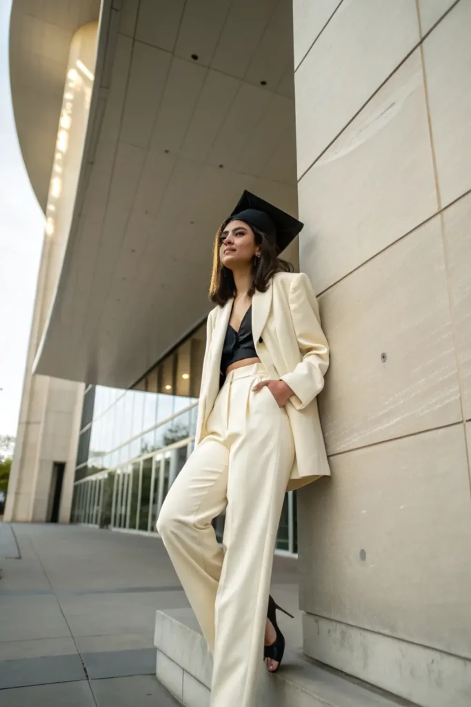 Female graduate wearing contemporary pantsuit as stylish alternative graduation outfit for college commencement events.