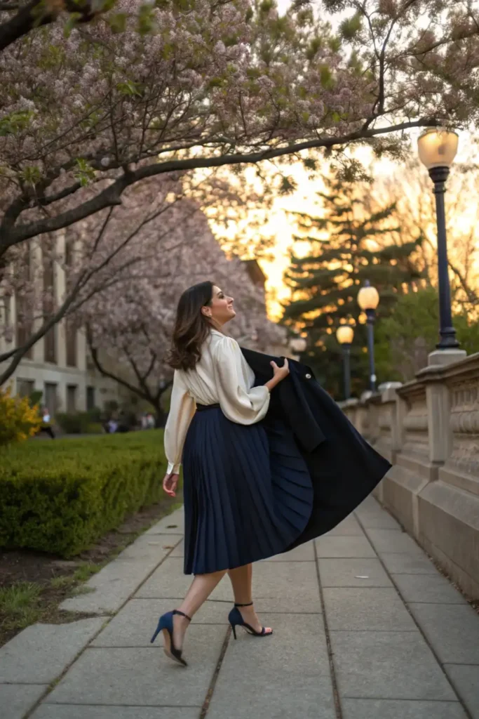 Female graduate wearing elegant midi skirt and blouse combination for college graduation outfit, perfectly complementing academic regalia.
