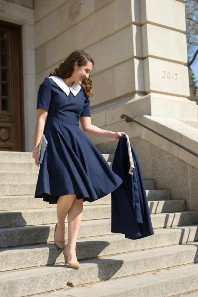 Female graduate wearing retro-inspired dress demonstrating classic graduation outfit style for college commencement day.
