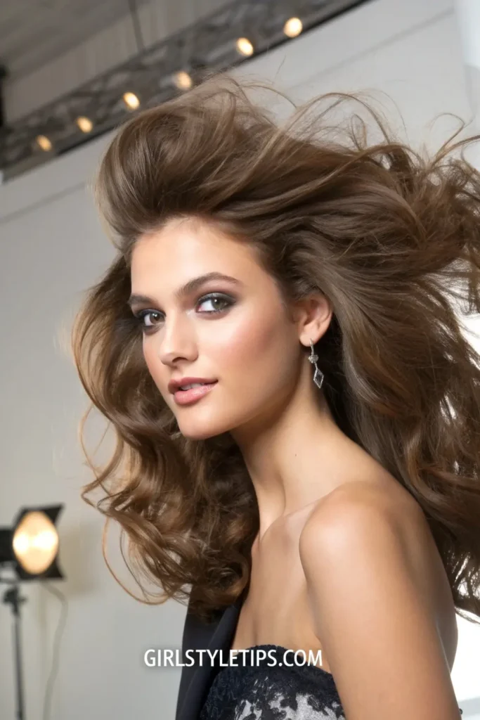Glamorous voluminous blowout prom hairstyle showing bouncy texture and movement for formal events.