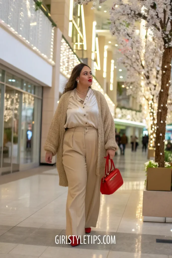 Layered neutral plus size outfit for spring 2025 - sophisticated fashion for curvy women with bold accessories.