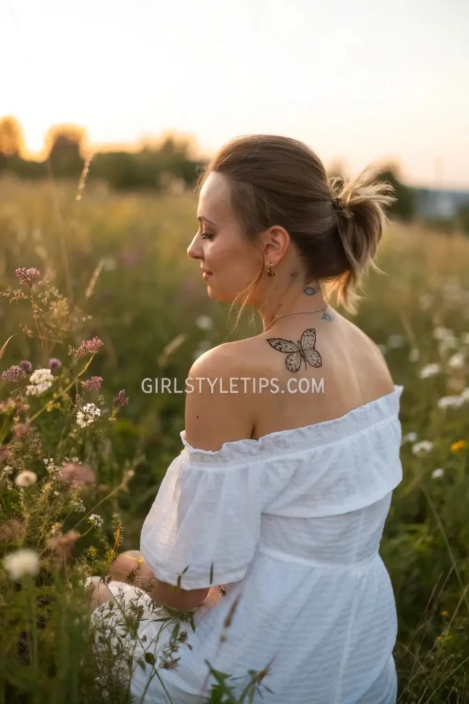 Meaningful small tattoos for women - butterfly collarbone tattoo symbolizing transformation