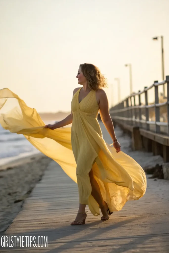 Mid-size woman in bright yellow summer maxi dress with side slits, perfect summer girl outfit for beach days and warm evenings.