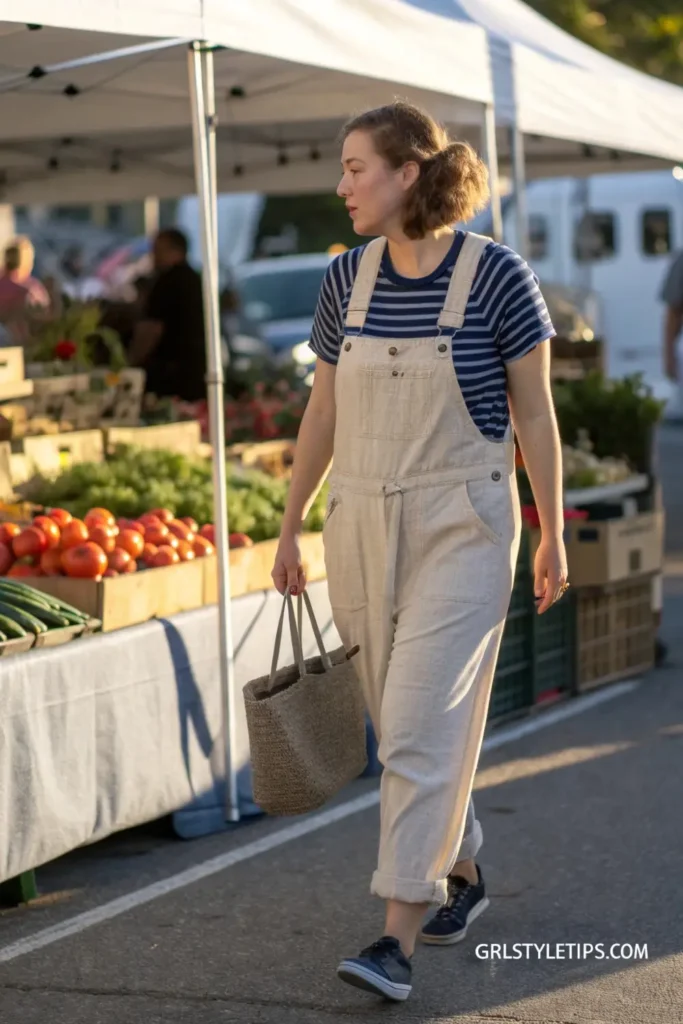 Mid-size woman in comfortable linen summer girl overalls outfit paired with classic striped tee, perfect for weekend activities.