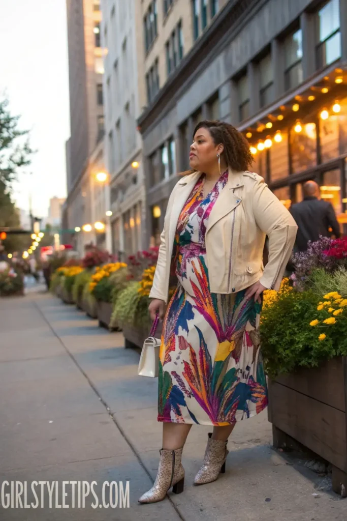 Midi dress layered with light leather jacket - versatile plus size outfit idea for spring 2025 fashion.