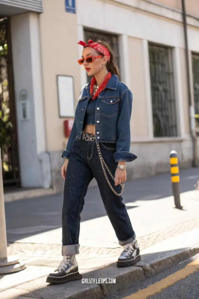 Y2K double denim outfit featuring cropped jacket and low-rise jeans with bandana top, showcasing the era's bold styling