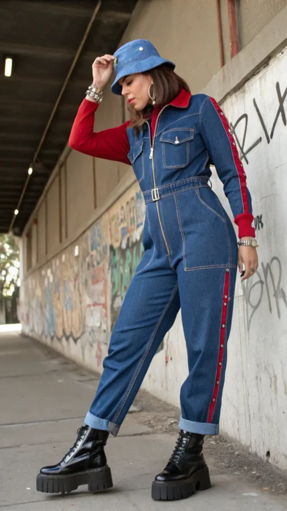 Model in Y2K-inspired full denim jumpsuit outfit with layered sleeves, showcasing the era's love for statement denim pieces