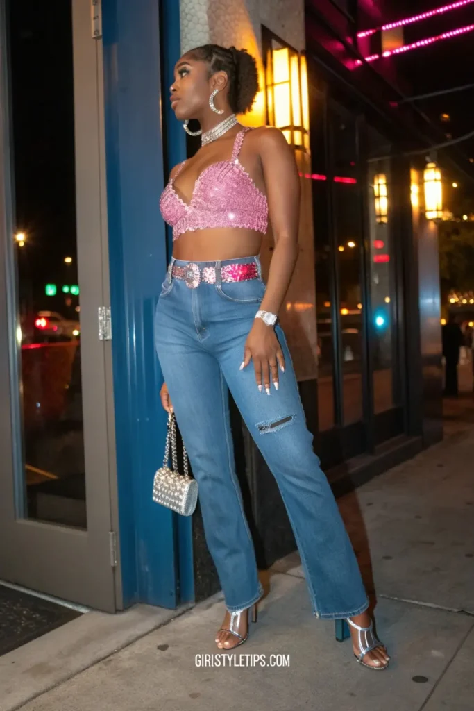 Model in Y2K rhinestone-adorned outfit with side-slit jeans, displaying the era's love for crystal embellishments and statement denim
