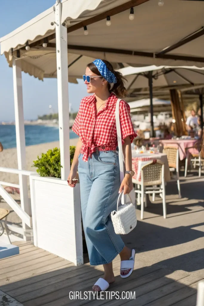Model in Y2K summer outfit featuring tie-front shirt and capri pants, showcasing the casual beachy style popular in the early 2000s