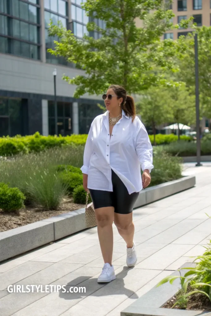 Oversized shirt with bike shorts - trendy plus size spring outfit for 2025 casual street style.