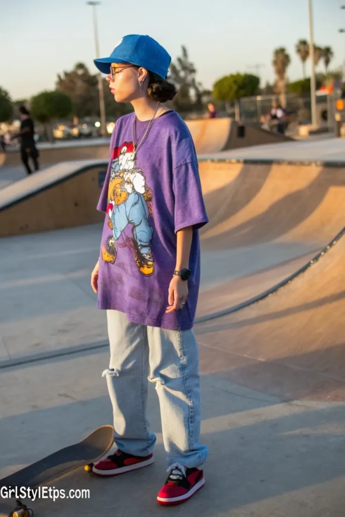 Person wearing Y2K-inspired oversized graphic tee and baggy jeans outfit, representing the era's skate and hip-hop fashion influence.