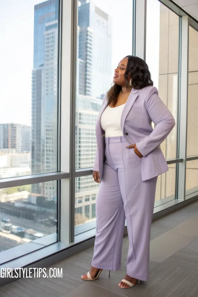 Plus size power suit in pastel for spring 2025 - professional outfit idea for curvy women in the workplace.