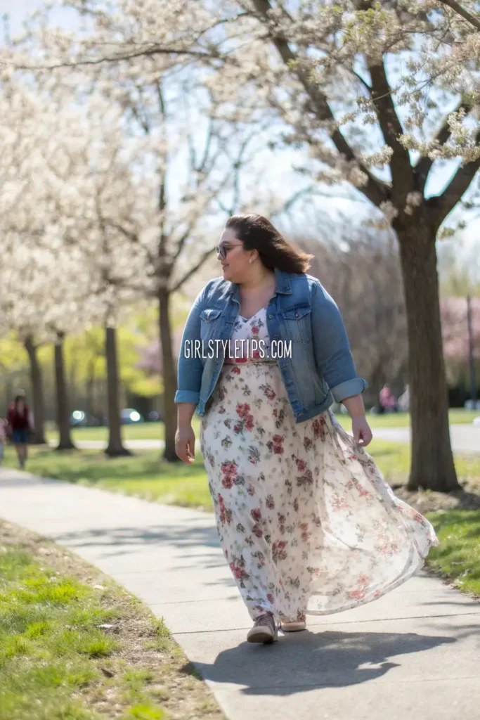 Plus size spring outfit featuring floral maxi dress and denim jacket - perfect for casual 2025 spring fashion.