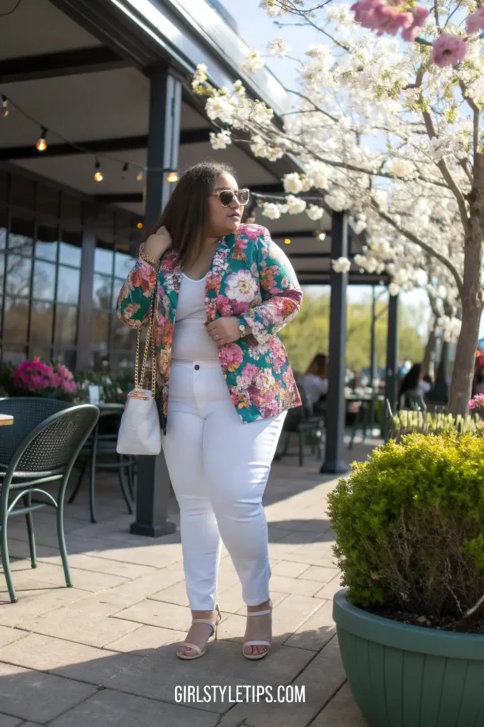 Plus size spring outfit idea featuring floral blazer and white jeans - trendy casual outfit for curvy women in 2025.