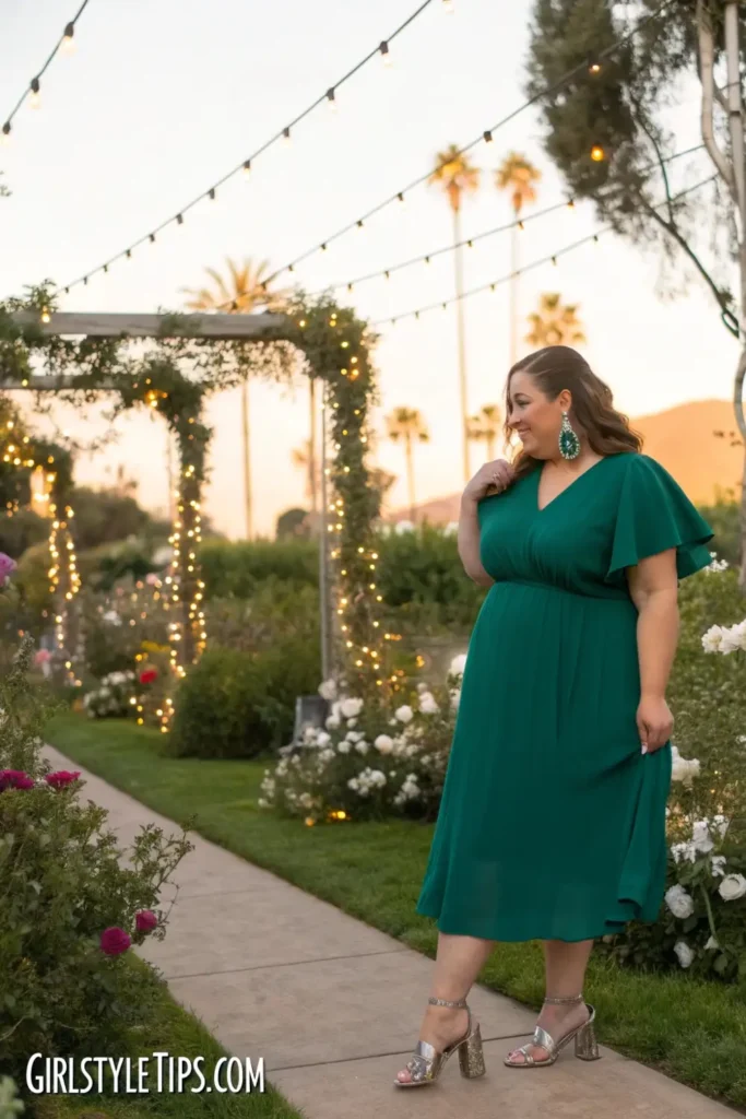 Plus size wedding guest outfit for spring 2025 - flutter sleeve midi dress for special occasions and weddings outfit ideas.