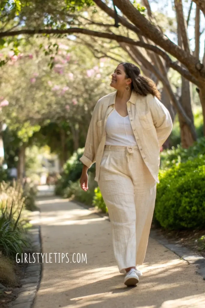 Size 12 woman in sophisticated layered linen summer girl outfit ideal for transitional 60-degree weather and outdoor events.