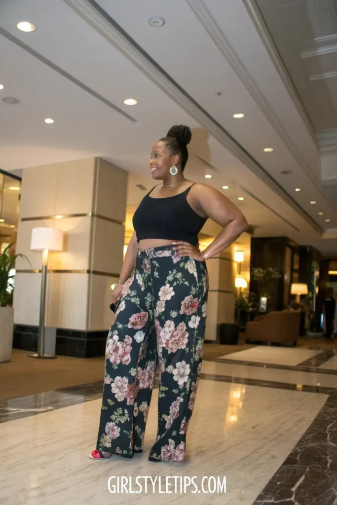 Size 14 woman in elegant summer girl outfit featuring dramatic palazzo pants and flattering crop top ideal for special occasions.