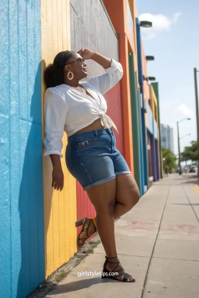 Size 14 woman in flattering summer girl outfit with high-waisted shorts and comfortable white crop top showing versatile summer styling.