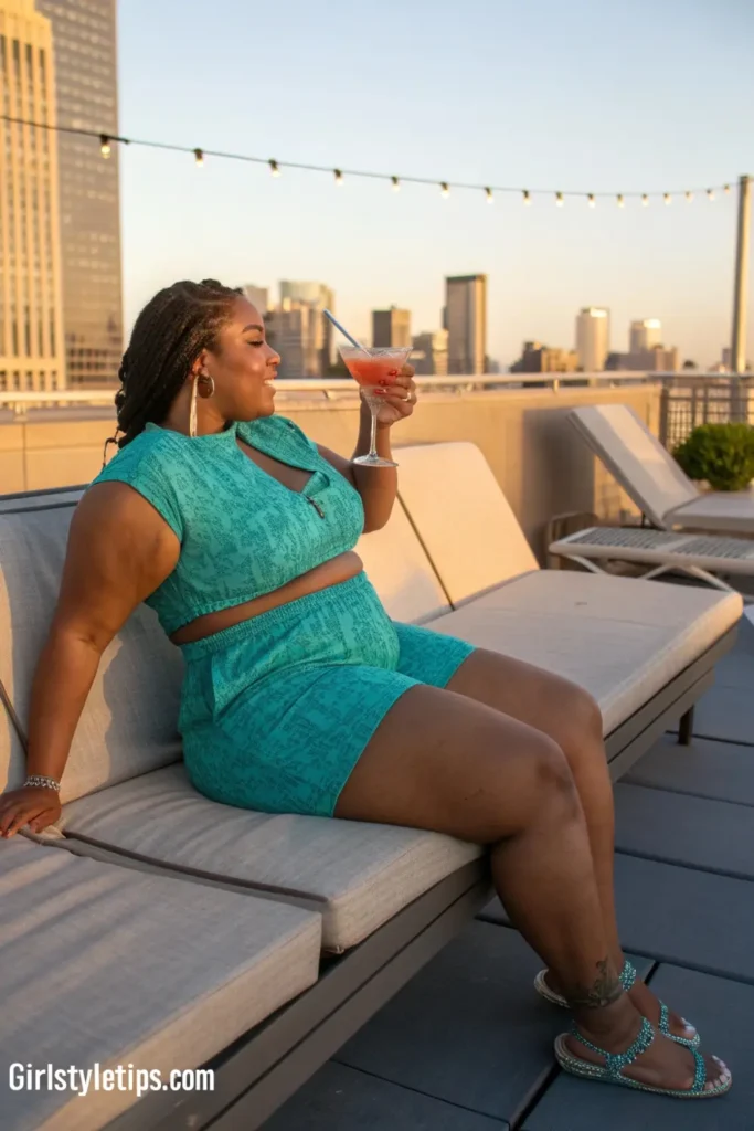 Size 16 woman in trendy teal summer girl outfit featuring matching set with stylish cutout details ideal for evening socializing.