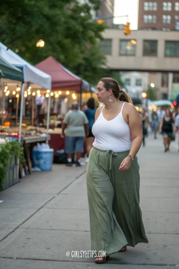 Size 16 woman wearing comfortable linen summer girl outfit with wide-leg pants ideal for spring transitional weather.